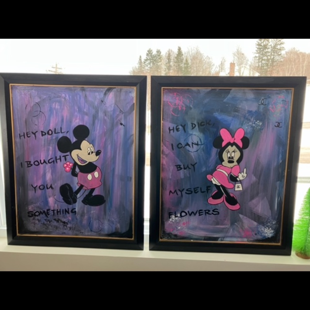 Mickey and Minnie Mouse Framed Acrylic Art Set “I Can Buy My own Flowers”